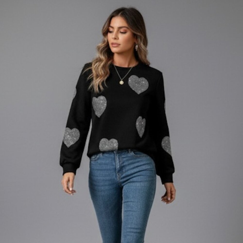 Rhinestone Heart Pattern Crew Neck Sweatshirt Black - Picture 3 of 9